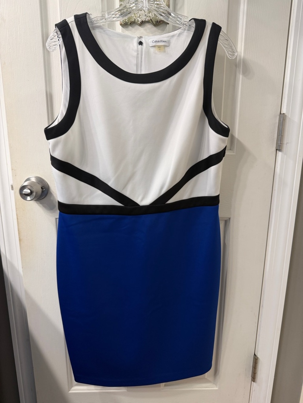 Calvin Klein White, Black & Royal Blue Colorblock Sheath Dress